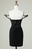 Sheath Spaghetti Straps Black Short Formal Dress with Appiques