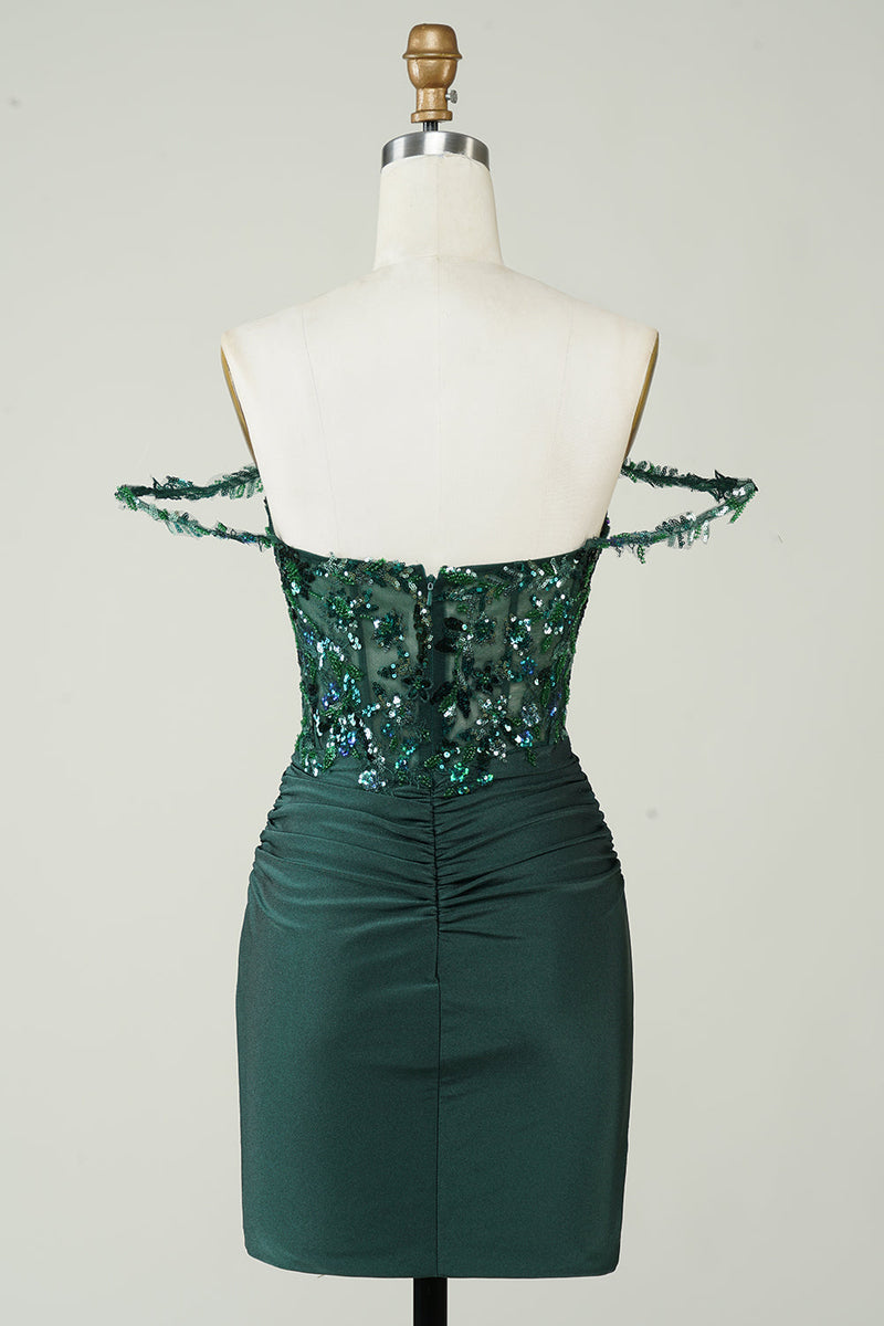 Load image into Gallery viewer, Unique Sheath Off the Shoulder Dark Green Short Formal Dress with Appliques