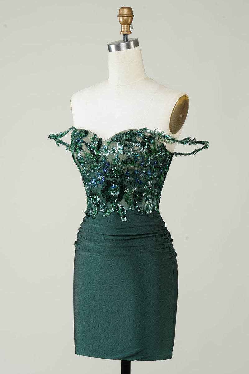 Load image into Gallery viewer, Unique Sheath Off the Shoulder Dark Green Short Formal Dress with Appliques