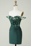 Unique Sheath Off the Shoulder Dark Green Short Formal Dress with Appliques