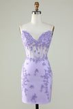 Bodycon Spaghetti Straps Purple Corset Short Formal Dress with Appliques