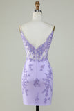 Bodycon Spaghetti Straps Purple Corset Short Formal Dress with Appliques