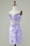 Bodycon Spaghetti Straps Purple Corset Short Formal Dress with Appliques