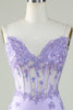 Load image into Gallery viewer, Bodycon Spaghetti Straps Purple Corset Short Formal Dress with Appliques