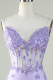 Bodycon Spaghetti Straps Purple Corset Short Formal Dress with Appliques