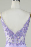 Bodycon Spaghetti Straps Purple Corset Short Formal Dress with Appliques