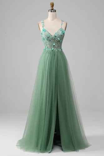 Sparkly Green A-Line Spaghetti Straps Corset Formal Dress With Appliques
