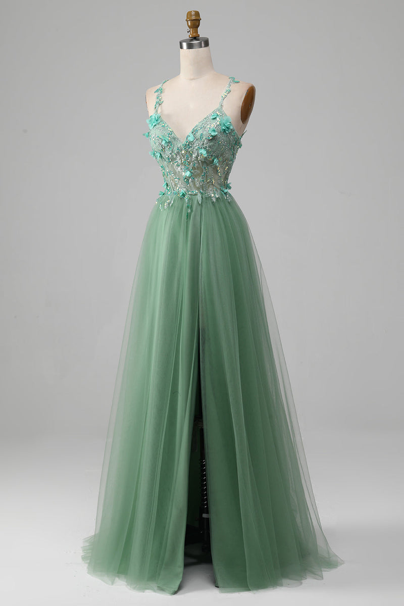 Load image into Gallery viewer, Sparkly Green A-Line Spaghetti Straps Corset Formal Dress With Appliques