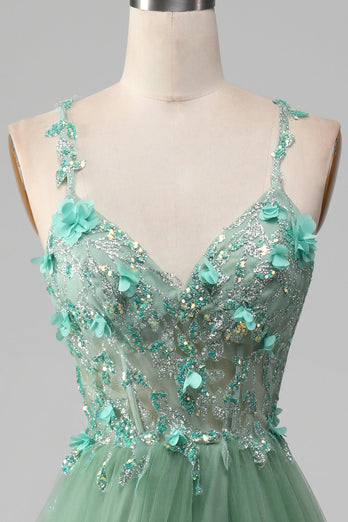 Sparkly Green A-Line Spaghetti Straps Corset Formal Dress With Appliques