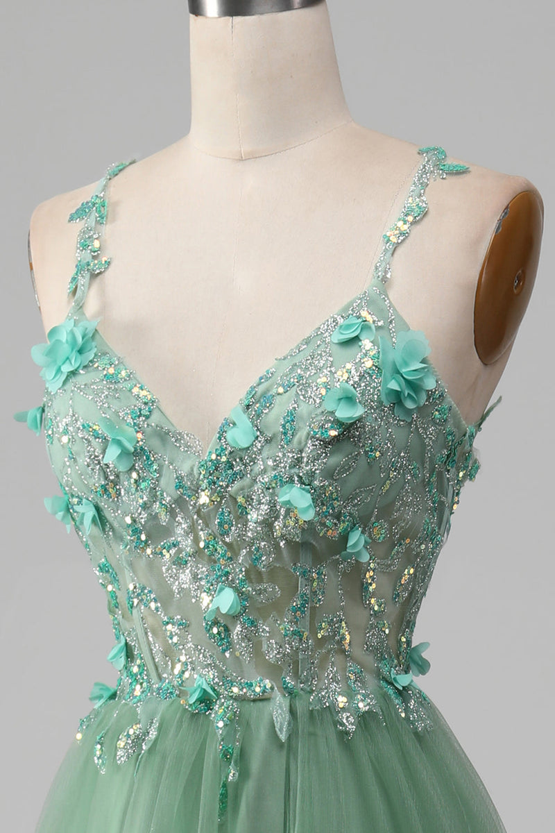Load image into Gallery viewer, Sparkly Green A-Line Spaghetti Straps Corset Formal Dress With Appliques