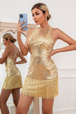 Sequins Fringes Golden Cocktail Dress