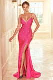 Mermaid Spaghetti Straps Fuchsia Formal Dress with Beading