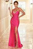 Mermaid Spaghetti Straps Fuchsia Formal Dress with Beading