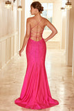 Mermaid Spaghetti Straps Fuchsia Formal Dress with Beading