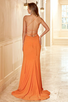 Sheath Halter Orange Long Formal Dress with Split Front