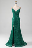 Sparkly Dark Green Beaded Sequins Long Formal Dress with Slit