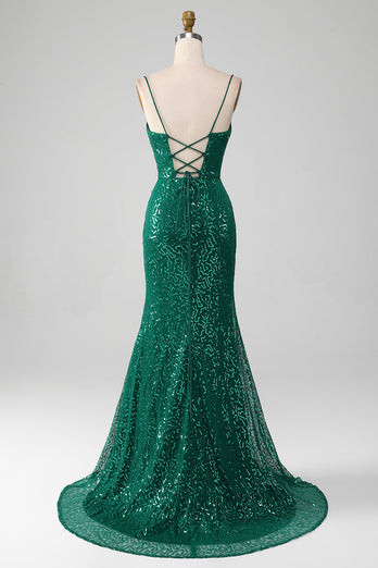 Sparkly Dark Green Beaded Sequins Long Formal Dress with Slit