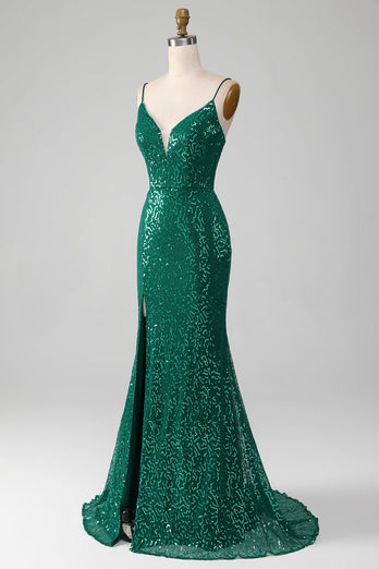 Sparkly Dark Green Beaded Sequins Long Formal Dress with Slit