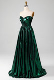 Glitter Dark Green Corset Metallic Long Formal Dress