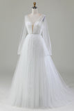 Ivory A-Line V-Neck Pleated Tulle Wedding Dress With Long Sleeves