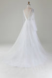 Ivory A-Line V-Neck Pleated Tulle Wedding Dress With Long Sleeves