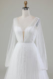 Ivory A-Line V-Neck Pleated Tulle Wedding Dress With Long Sleeves