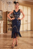 Sparkly Blue Fringed Sequins 1920s Flapper Dress with Beading