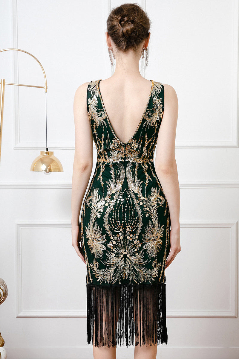 Load image into Gallery viewer, Sparkly Dark Green Sequins 1920s Gatsby Dress with Fringes
