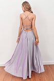 Lilac Deep V Neck Long Formal Dress with Cross Straps