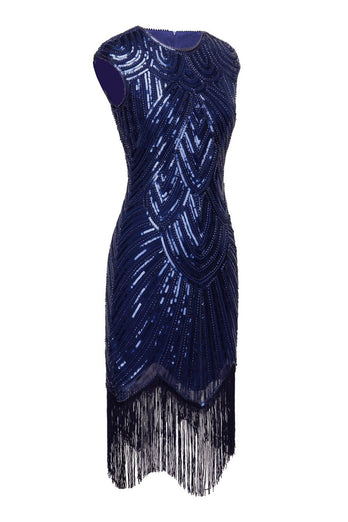 Zapaka AU Gatsby Dress Navy Blue Boat Neck Cap Sleeves Sequin Fringe ...