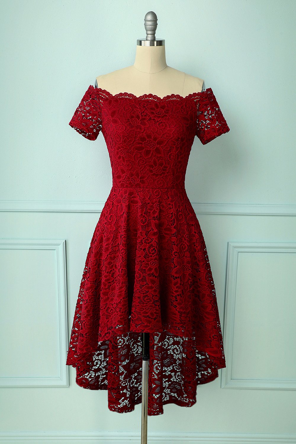 Burgundy Asymmetrical Lace Dress