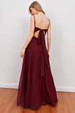 Burgundy Spaghetti Straps Long Bridesmaid Dress with Split