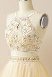 Two Pieces Halter Beaded Prom Dress