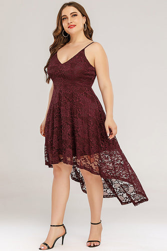Burgundy High low Lace Plus Size Dress