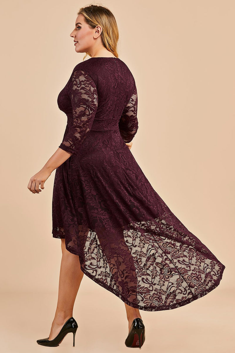 Load image into Gallery viewer, Burgundy High Low Plus Size Lace Dress