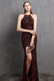 Burgundy Sequin Long Formal Dress with Slit