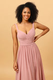 Beautiful A Line Blush Long Bridesmaid Dress with Split Front