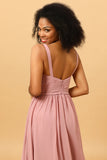 Beautiful A Line Blush Long Bridesmaid Dress with Split Front