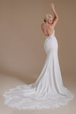 White Mermaid Halter Backless Sweep Train Wedding Dress with Lace