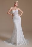 White Mermaid Lace Detachable Puff Sleeves Sweep Train Bridal Dress