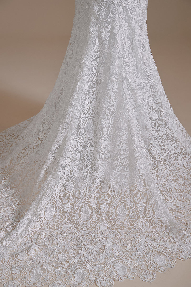 Load image into Gallery viewer, White Mermaid Lace Detachable Puff Sleeves Sweep Train Bridal Dress