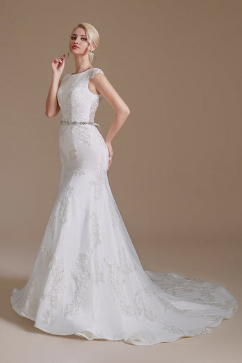 White Mermaid Cap Sleeves Bridal Dress with Lace