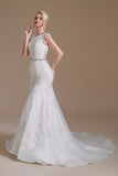 White Mermaid Cap Sleeves Bridal Dress with Lace