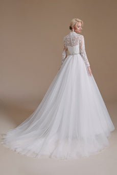 White A-Line High Neck Long Sleeves Wedding Dress with Lace