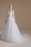 White A-Line High Neck Long Sleeves Wedding Dress with Lace