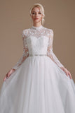 White A-Line High Neck Long Sleeves Wedding Dress with Lace