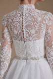 White A-Line High Neck Long Sleeves Wedding Dress with Lace