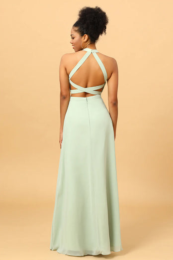 A Line Halter Dusty Sage Long Bridesmaid Dress with Open Back