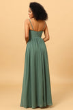 A Line Spaghetti Straps Eucalyptus Long Bridesmaid Dress with Split Front