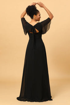 Black Batwing Sleeves Long Chiffon Bridesmaid Dress